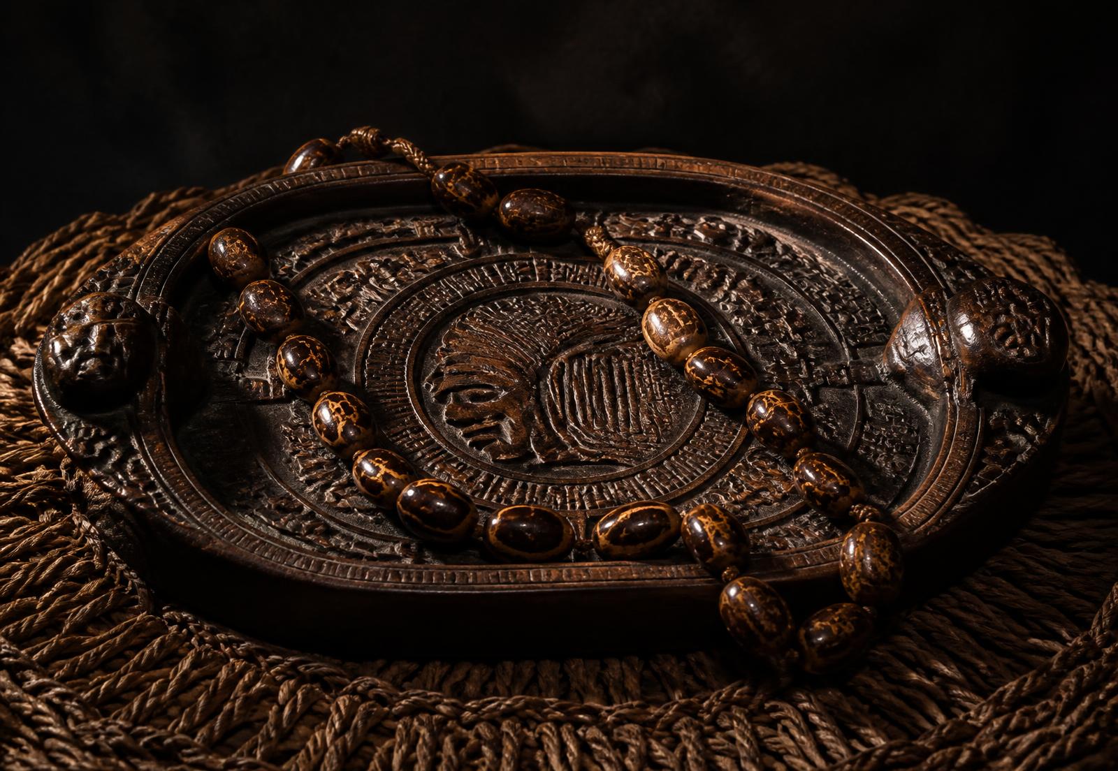 Carved Ifá divination tray with an opele chain of palm-nut seeds